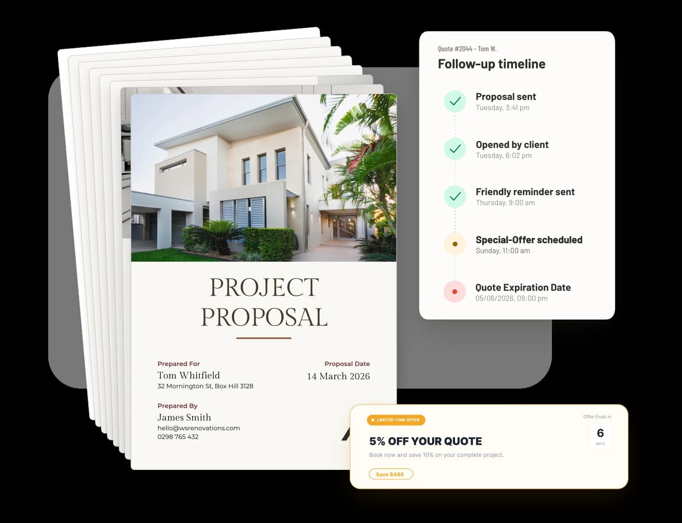 Automated follow-up timeline, a limited-time offer prompt, and a proposal document ready to send