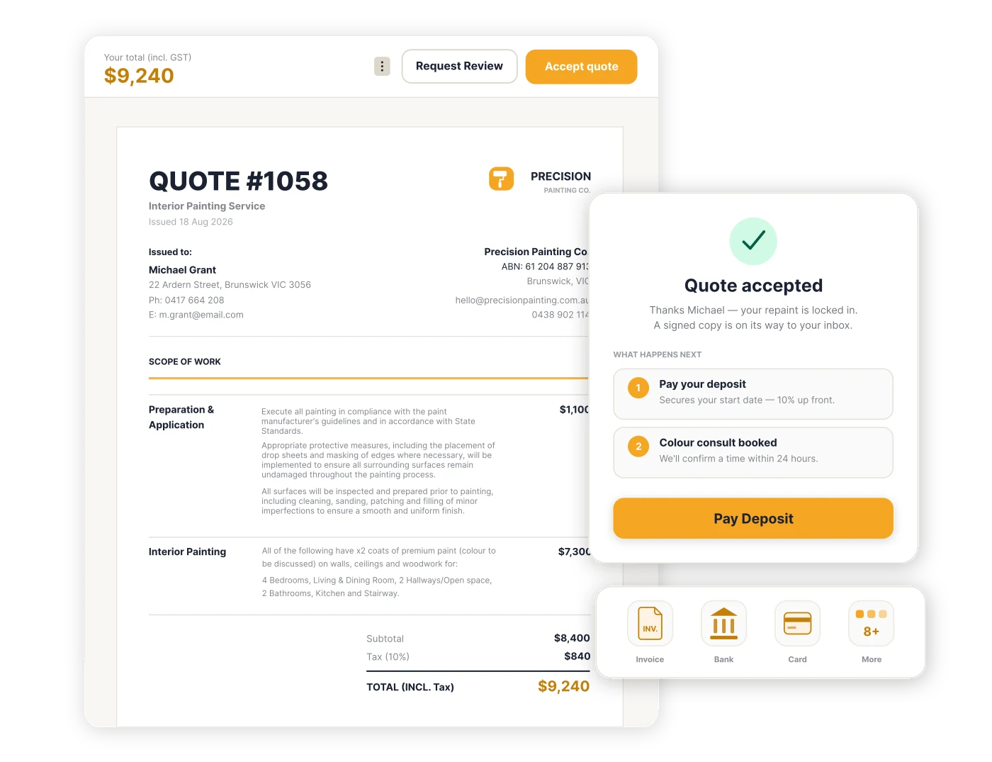 Interactive online quote page where a client reviews, tweaks and accepts a quote from their phone